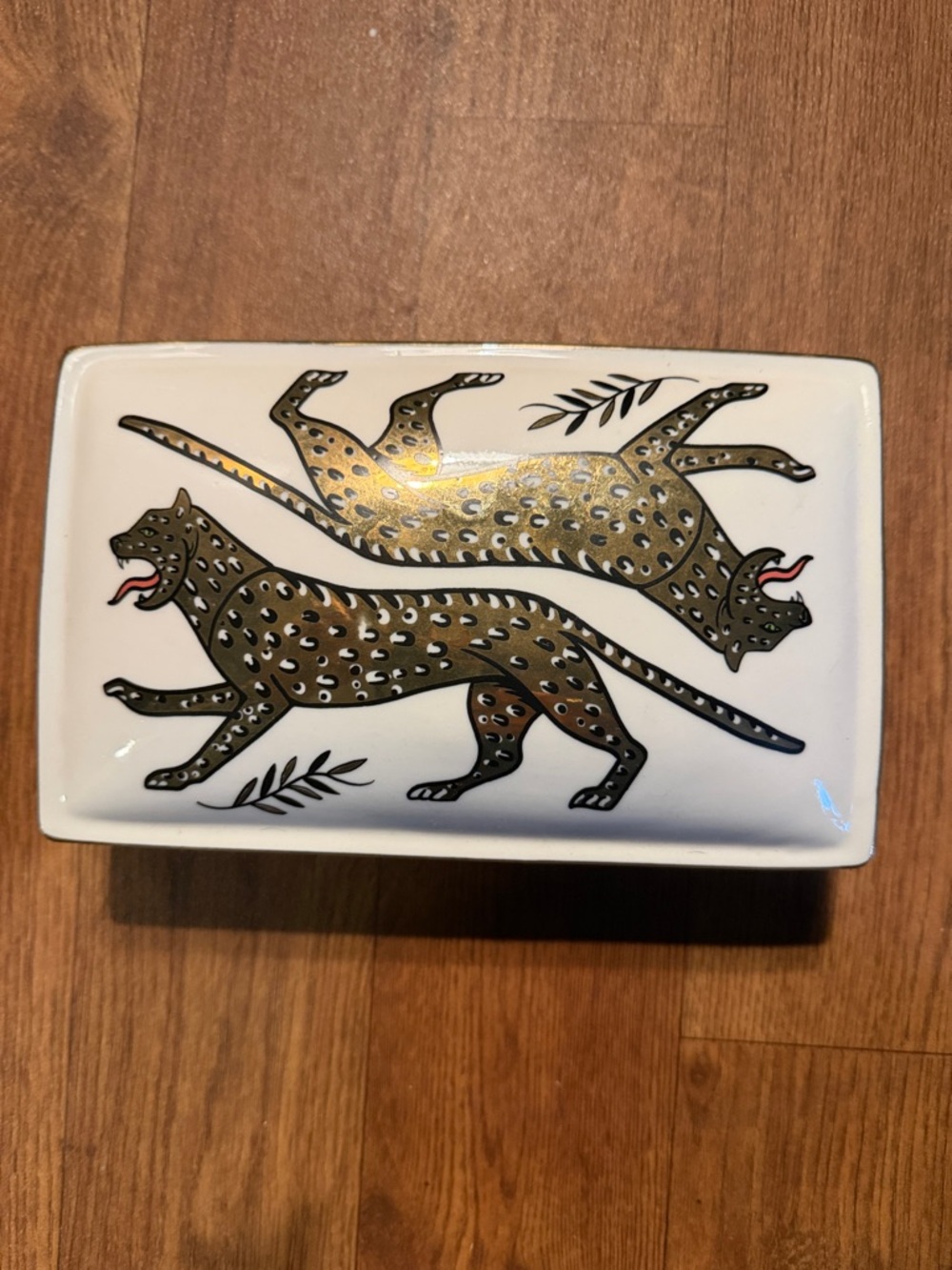 Ceramic twin leopard keepsake box by Spit Fire Girl in good used condition.